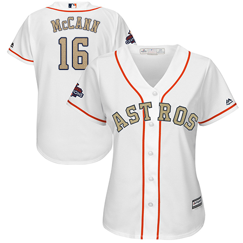 Astros #16 Brian McCann White 2018 Gold Program Cool Base Women's Stitched MLB Jersey - Click Image to Close